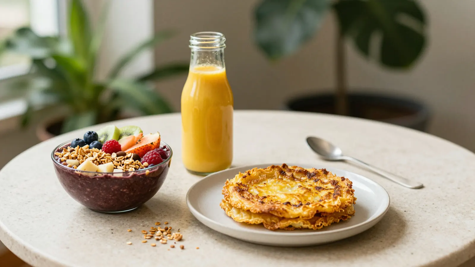 An açaí bowl, a turmeric drink and golden rosti on a terrazzo table