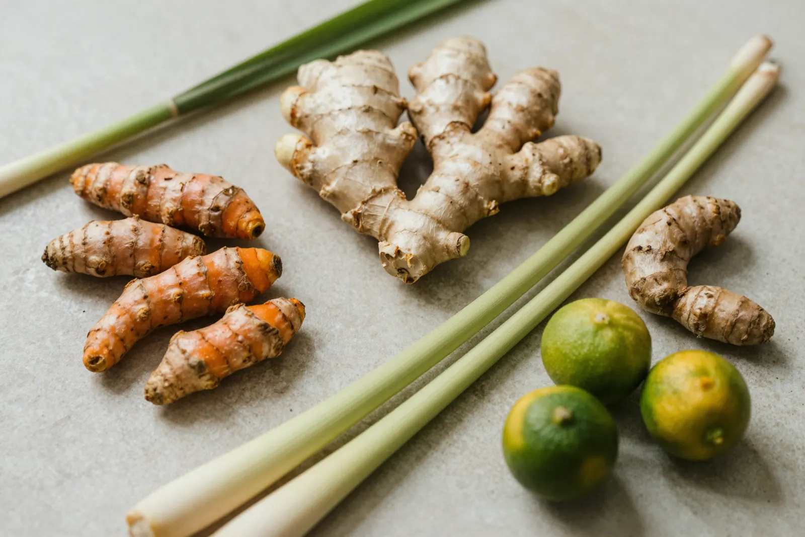 Fresh turmeric, ginger, galangal, lemongrass, tamarind and limes