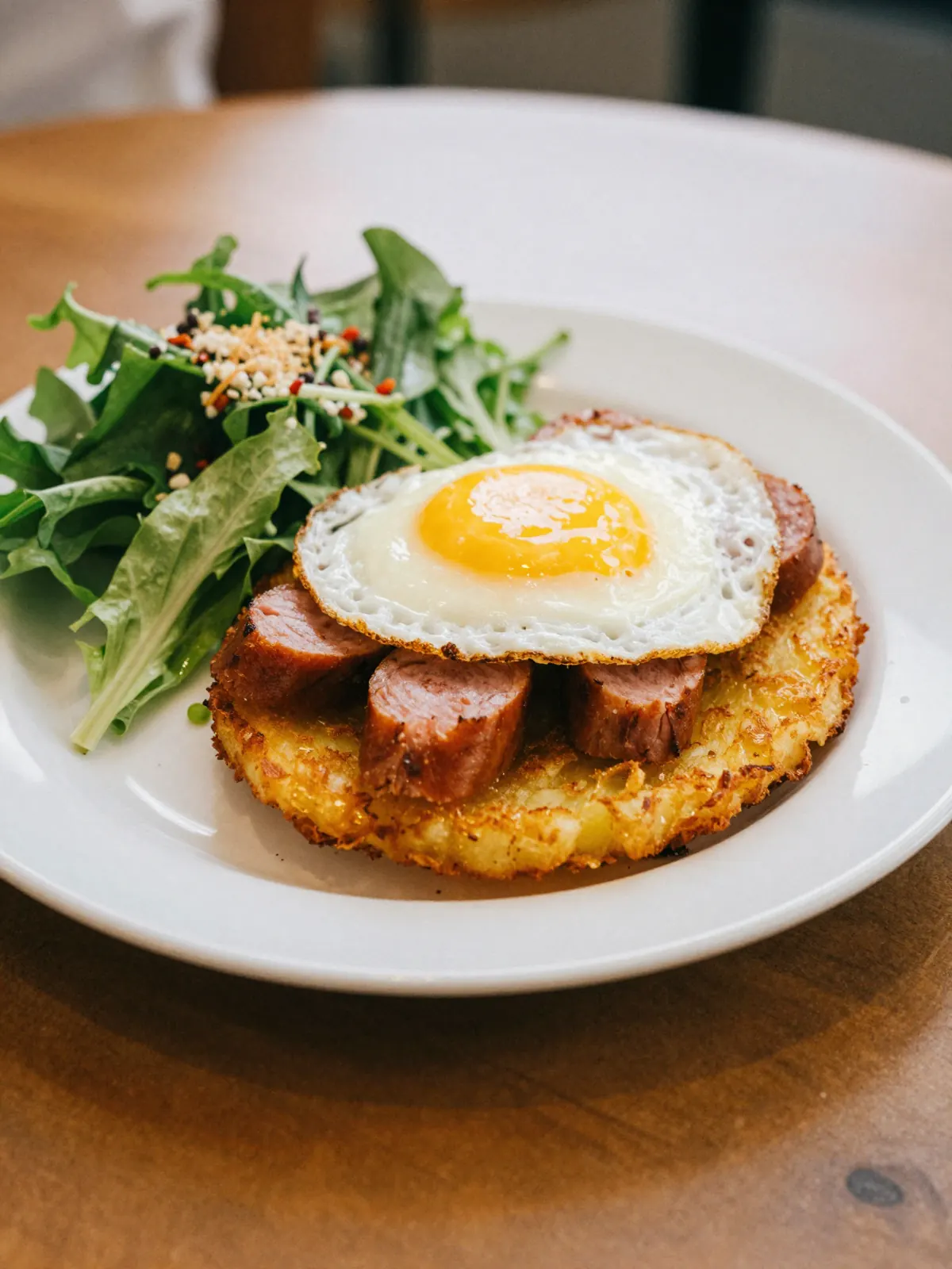 Rosti with a fried egg and sausages